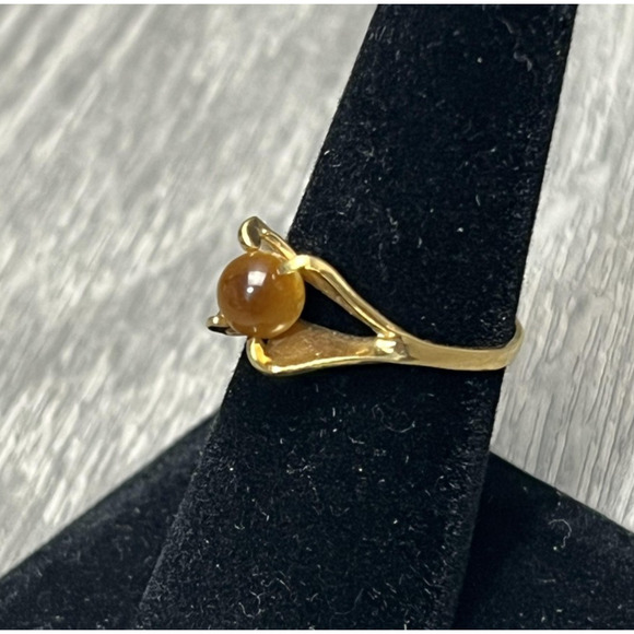18K HGE Tigers Eye Cabochon Ring Yellow Gold Modern Bypass Design Fine Jewelry - Picture 2 of 6
